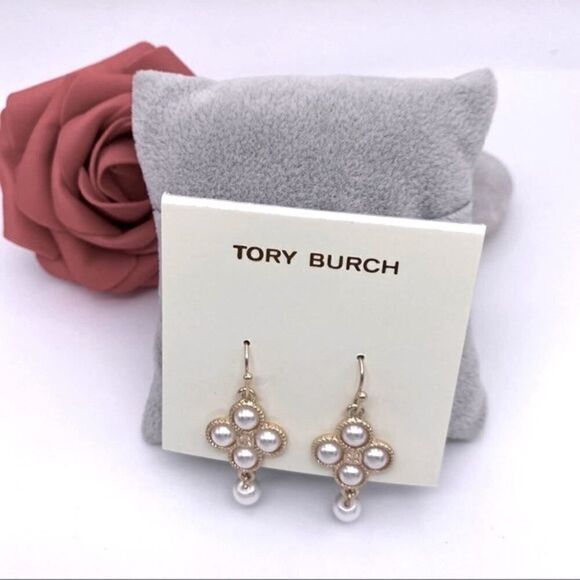 New Tory Burch Gold Four Pearl French Wire Dangle Earrings - Picture 3 of 8